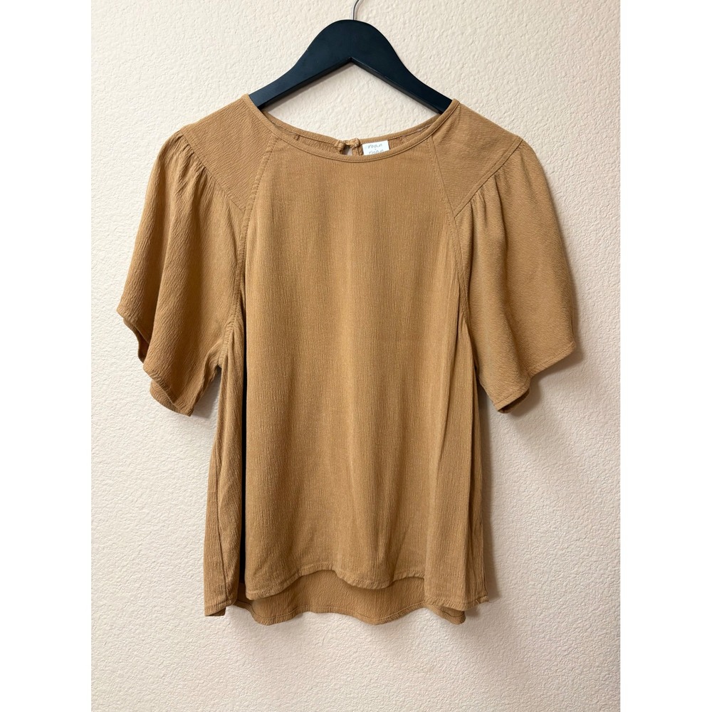 Roan + Ryan Mustard Brown Flutter Sleeve Textured Blouse Top Medium - Picture 1 of 7